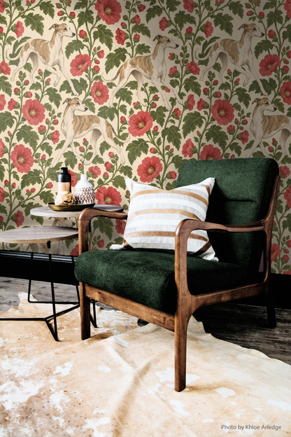 Detail of the wallpaper's botanical motifs with crisp leaf veins and flower stamen