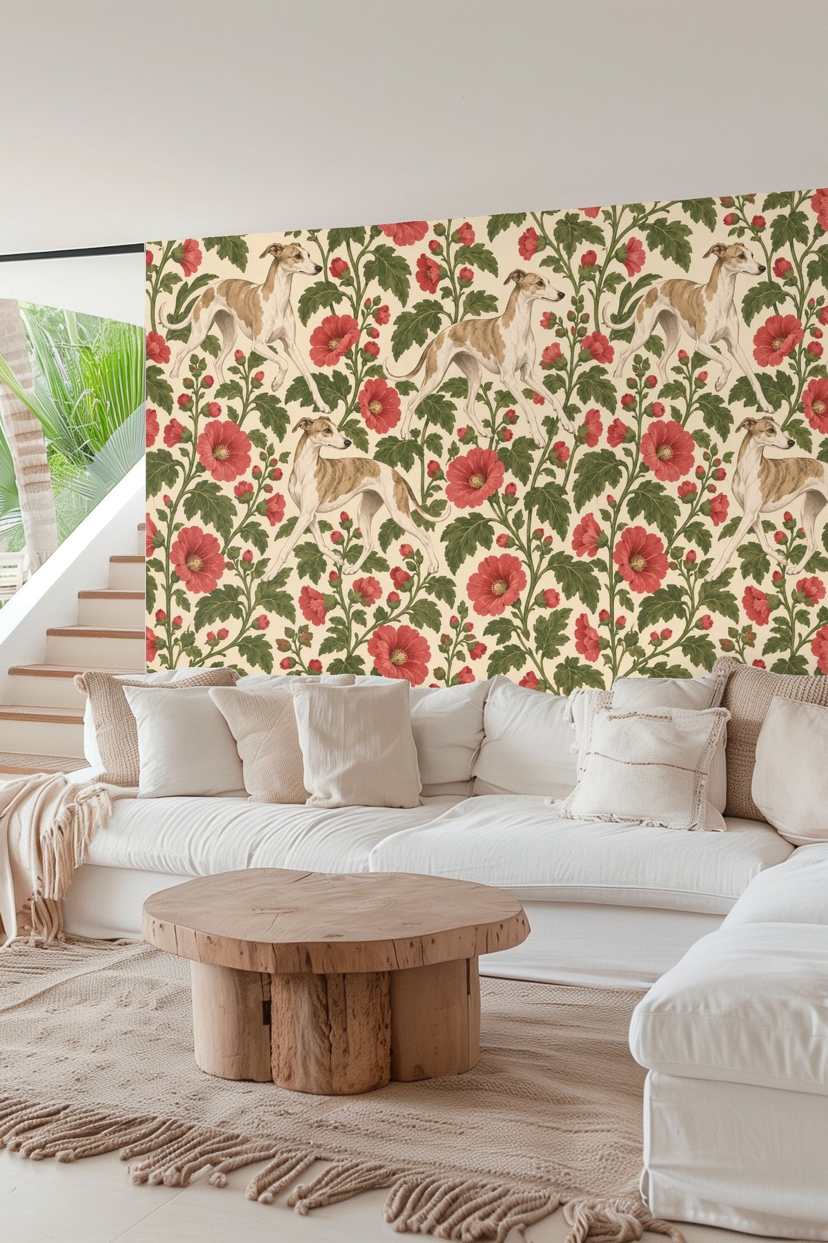 Pattern repeat showing multiple figures of greyhounds walking amidst various stages of hollyhock blooming