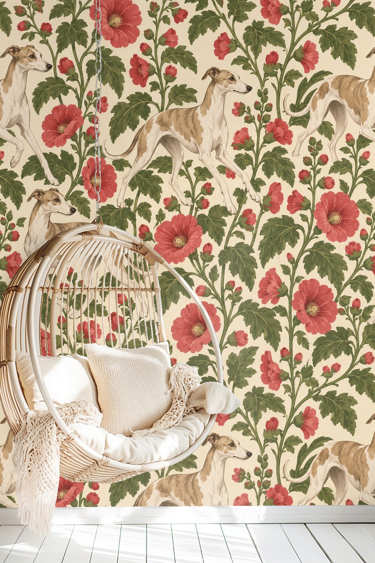 Clusters of large red hollyhock flowers with lush green leaves on cream background