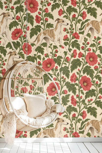 Clusters of large red hollyhock flowers with lush green leaves on cream background