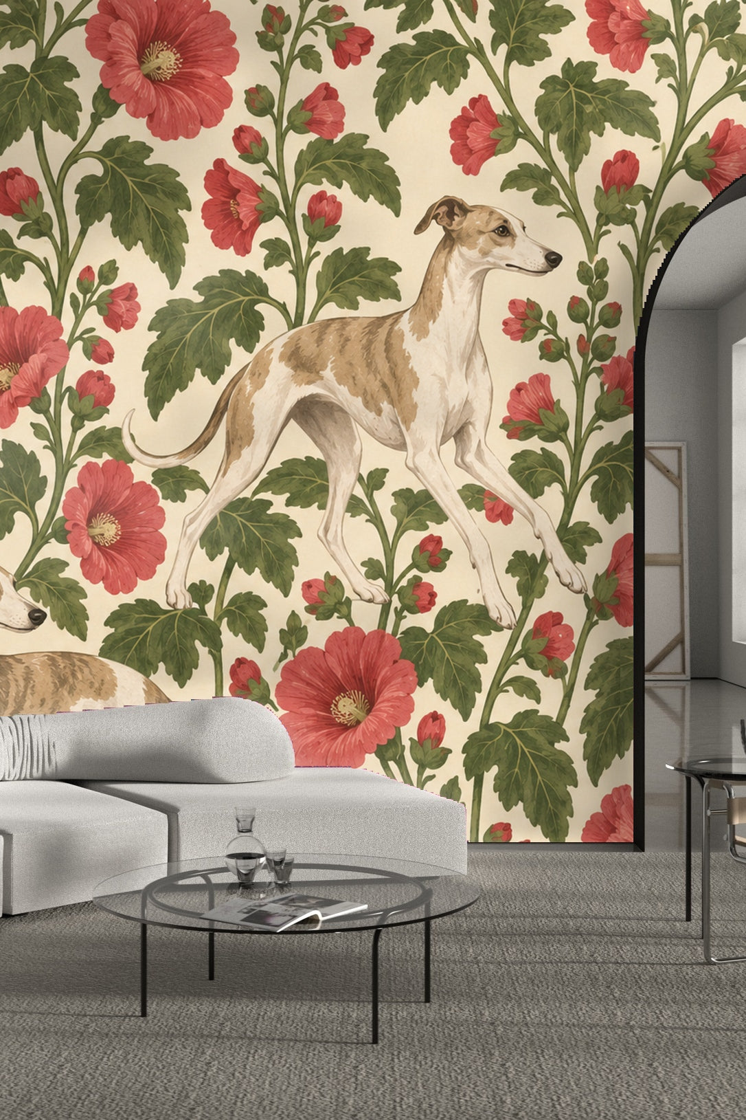 Greyhound figure with focused expression and flowing tail integrated within hollyhock pattern