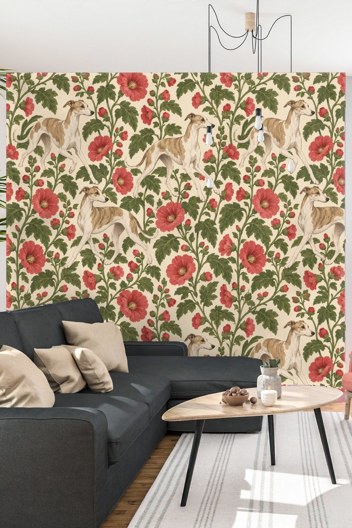 Close-up of a single greyhound figure walking past three blooming red hollyhocks