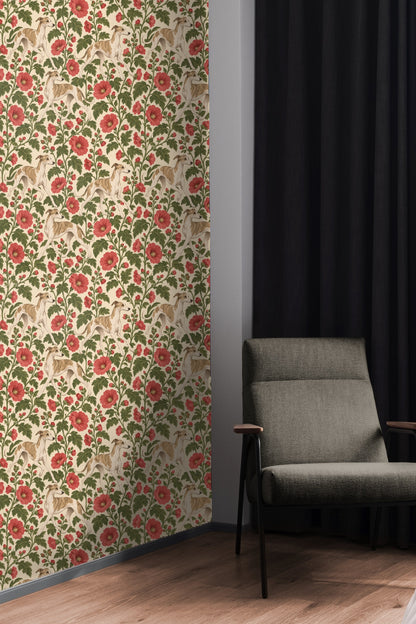 Artistic interplay of dog figures and botanical elements creating rhythmic pattern
