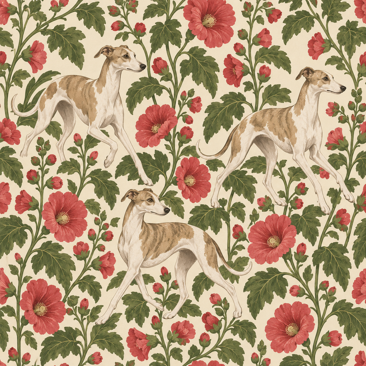 Wallpaper environment showing edges of a room with wall covered in hollyhock and dog motif