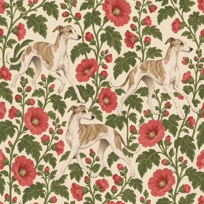 Wallpaper environment showing edges of a room with wall covered in hollyhock and dog motif