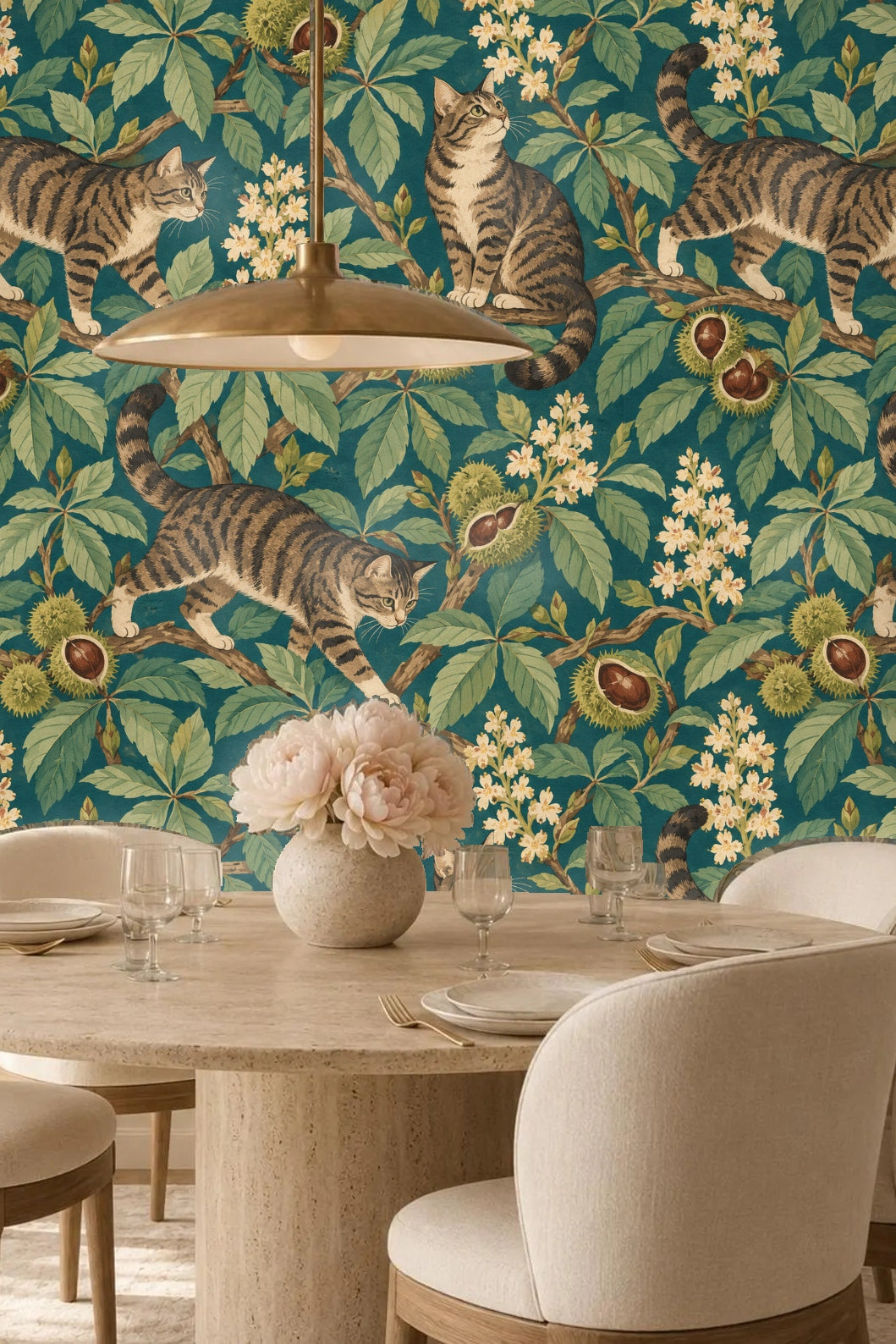 Living room corner showcasing the wallpaper pattern emphasizing the natural leaf shapes and cat figures