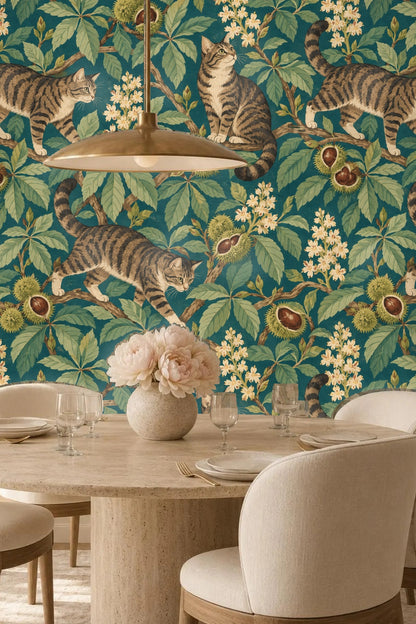 Living room corner showcasing the wallpaper pattern emphasizing the natural leaf shapes and cat figures
