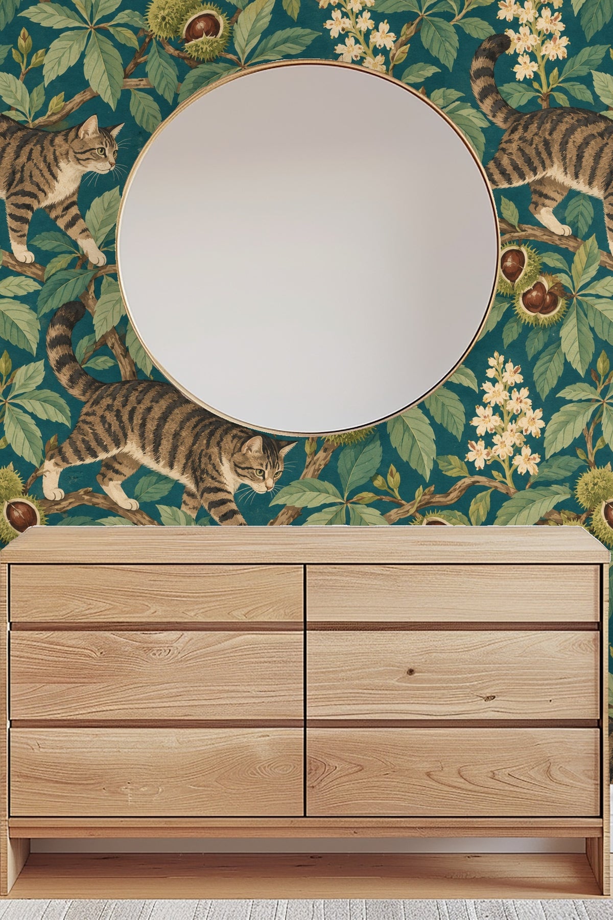 Patterned wallpaper featuring a combination of animals and plants in an antique illustration style