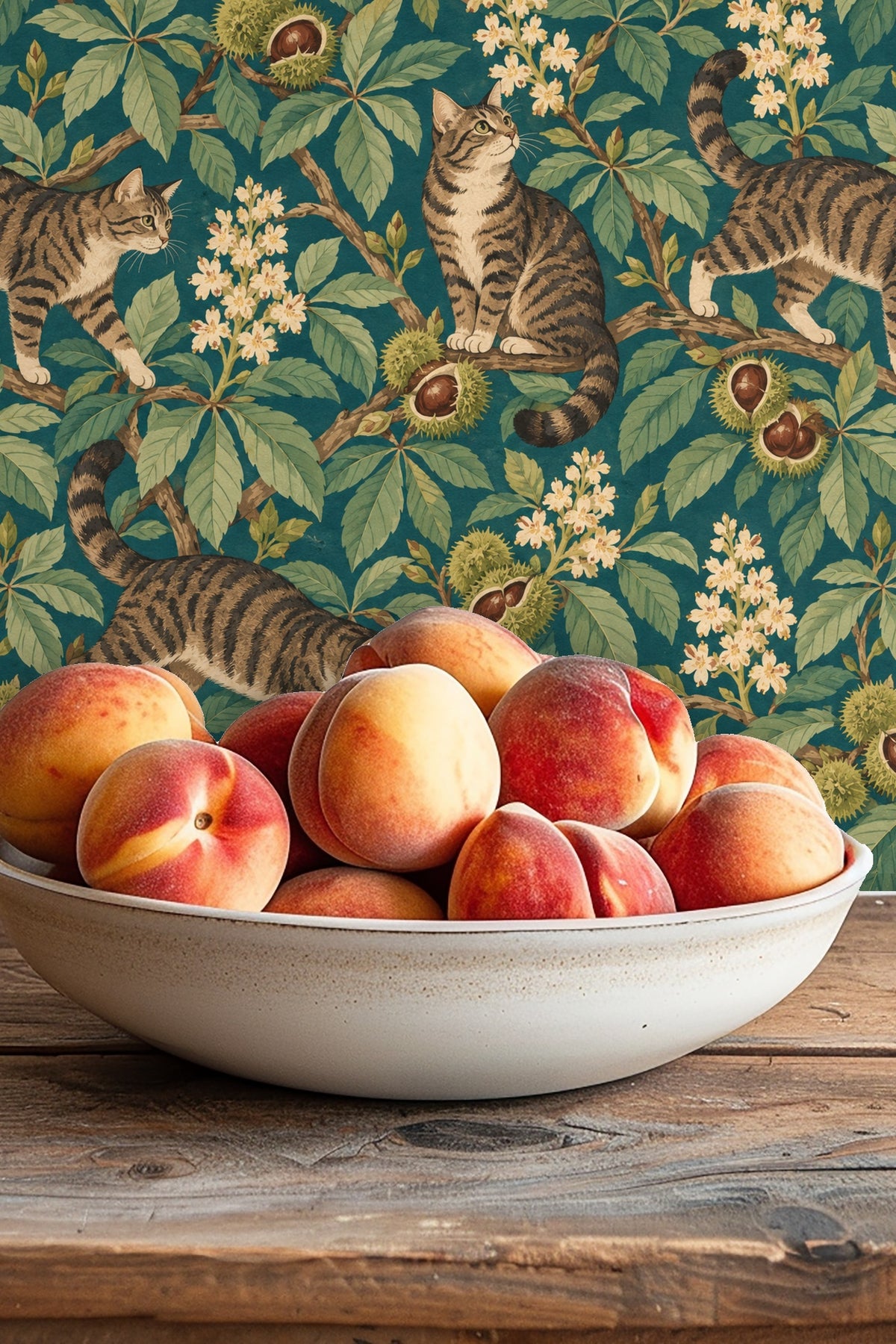 Textured green chestnut leaves with detailed veins and three-dimensional shading on wallpaper