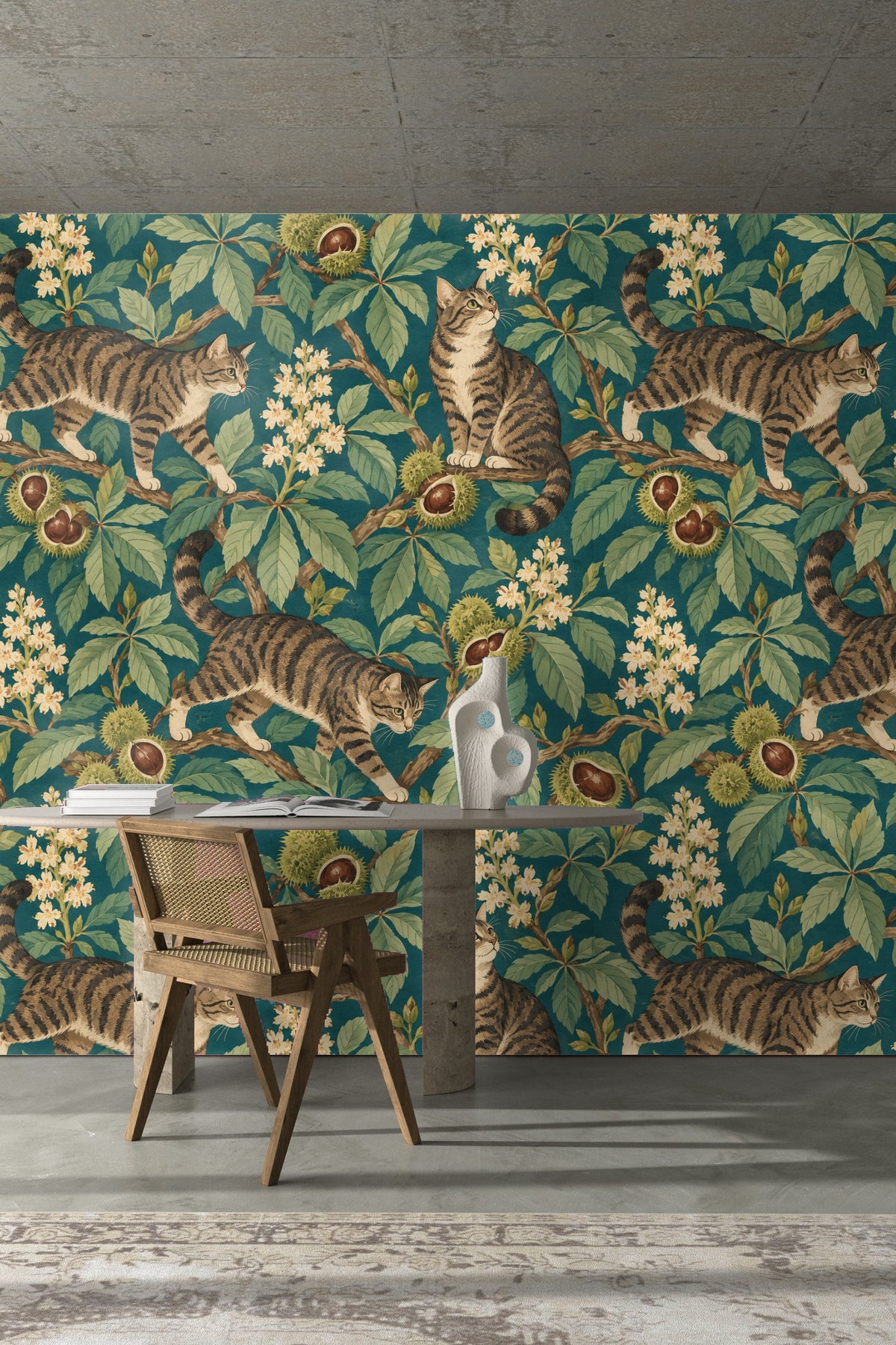 Naturalistic botanical wallpaper with clusters of spiky chestnut fruits and blooming white flowers