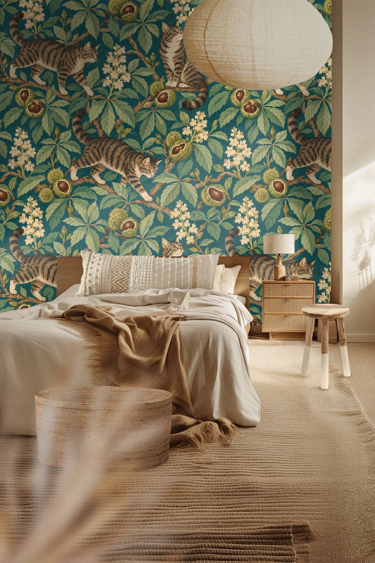 Chestnut pods and cream-colored blossoms textured against a teal background with detailed leaves on wallpaper