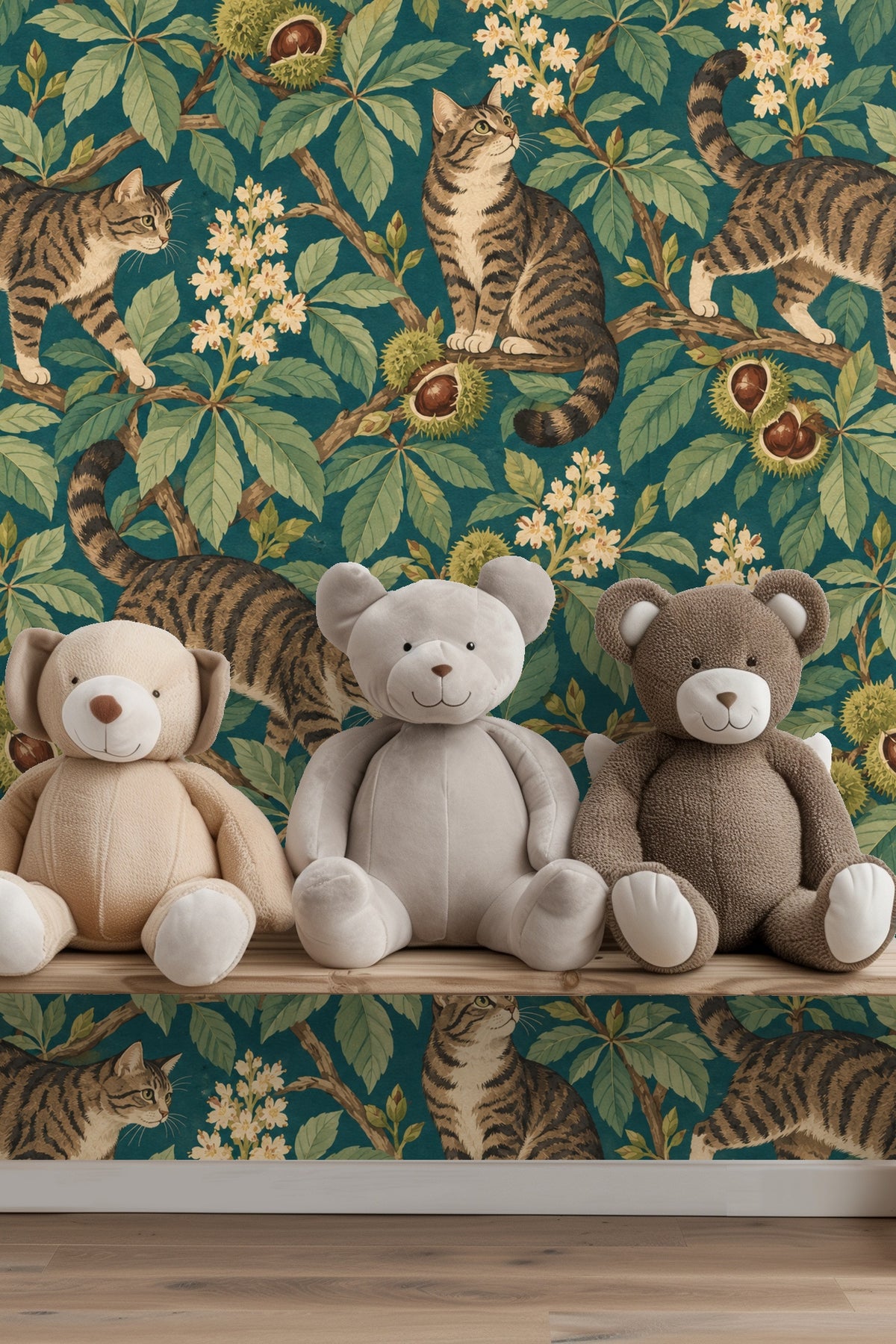 Overall wallpaper repeat showing the interconnected branches, blossoms, and cat motifs