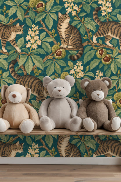 Overall wallpaper repeat showing the interconnected branches, blossoms, and cat motifs