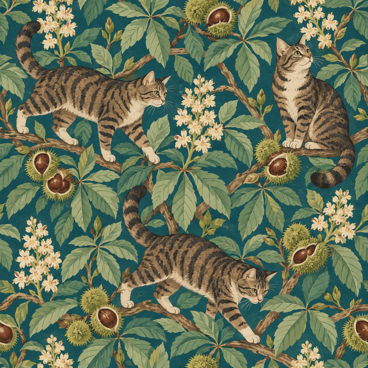 Artistic wallpaper combining botanical and feline elements in a harmonious color palette