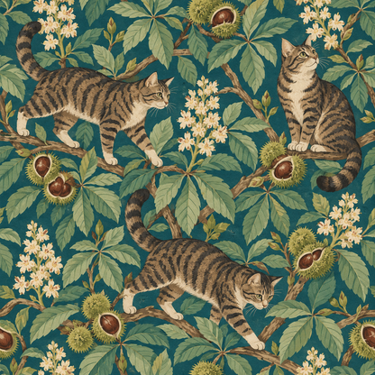 Artistic wallpaper combining botanical and feline elements in a harmonious color palette