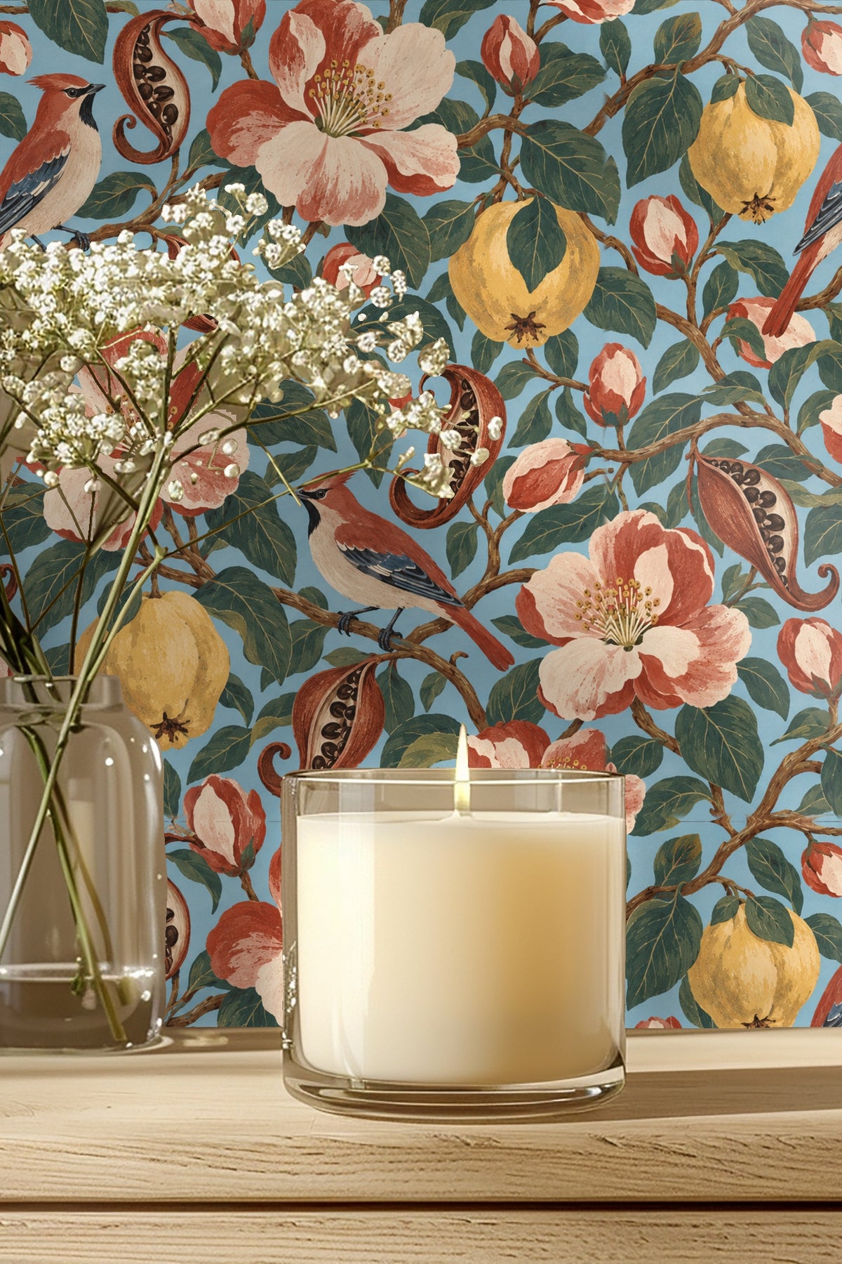Interior entryway with Quince & Waxwing wallpaper behind a light beige sideboard topped with framed minimalist artwork