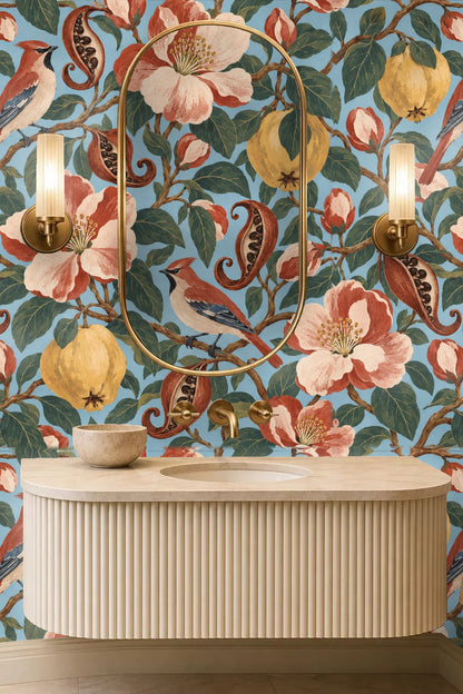 Terracotta-colored seed pods with visible black pomegranate seeds curling among lush green leaves on wallpaper