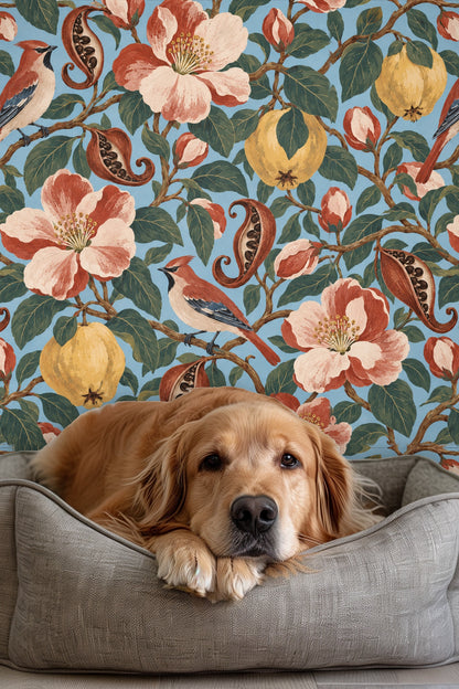 Full wallpaper pattern showing quinces, birds, pomegranate seed pods and flowers in naturalistic painterly style