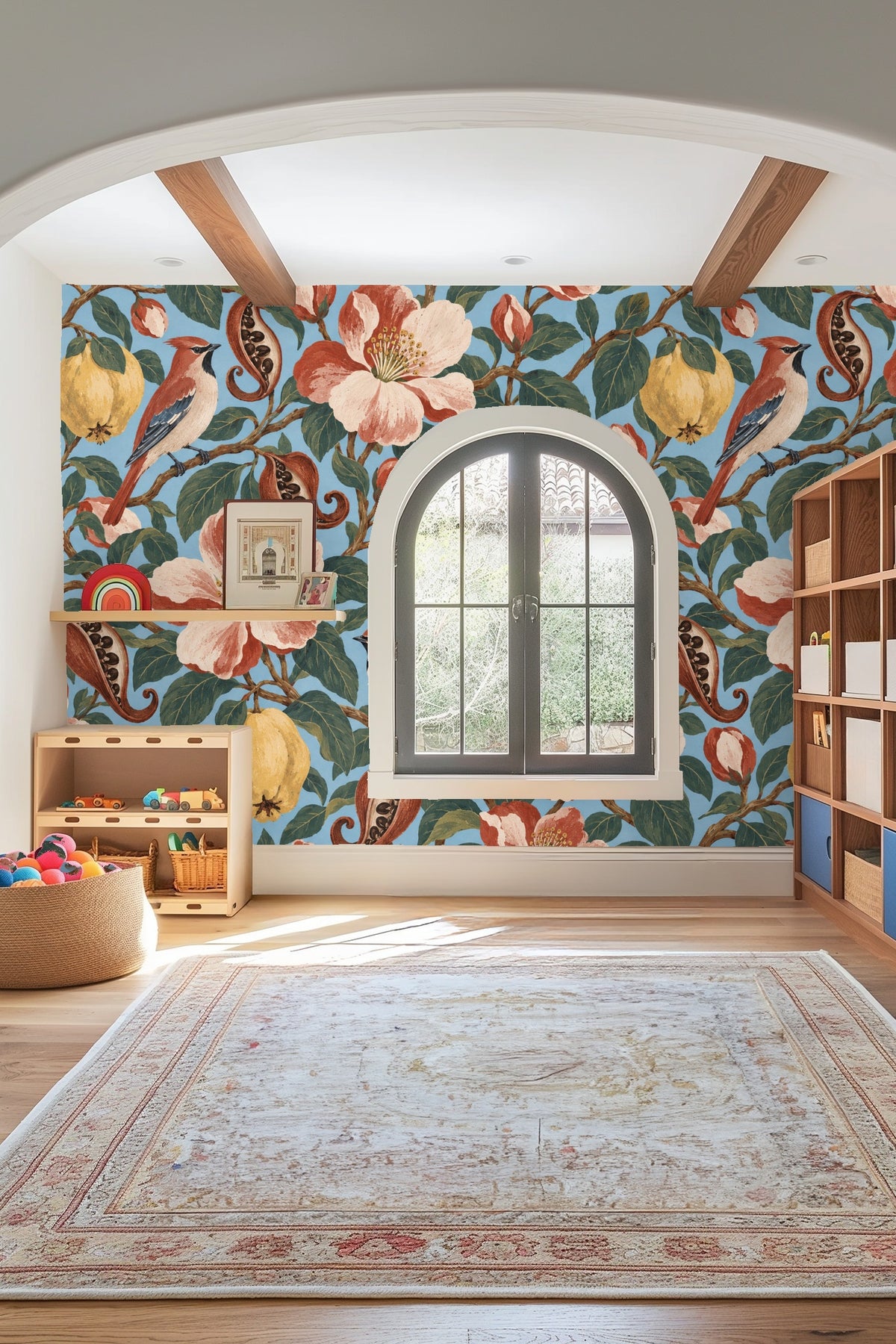 Sideboard with textured beige drawers sitting against Quince & Waxwing wallpaper with framed artwork above