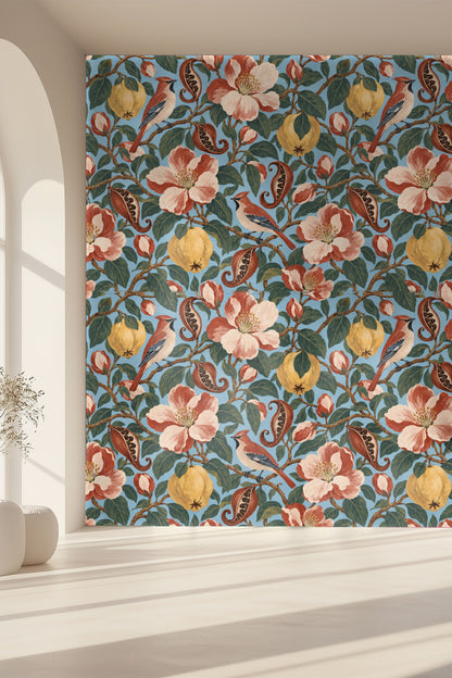 Close-up of flower blossoms with visible brushstroke texture and detail on wallpaper