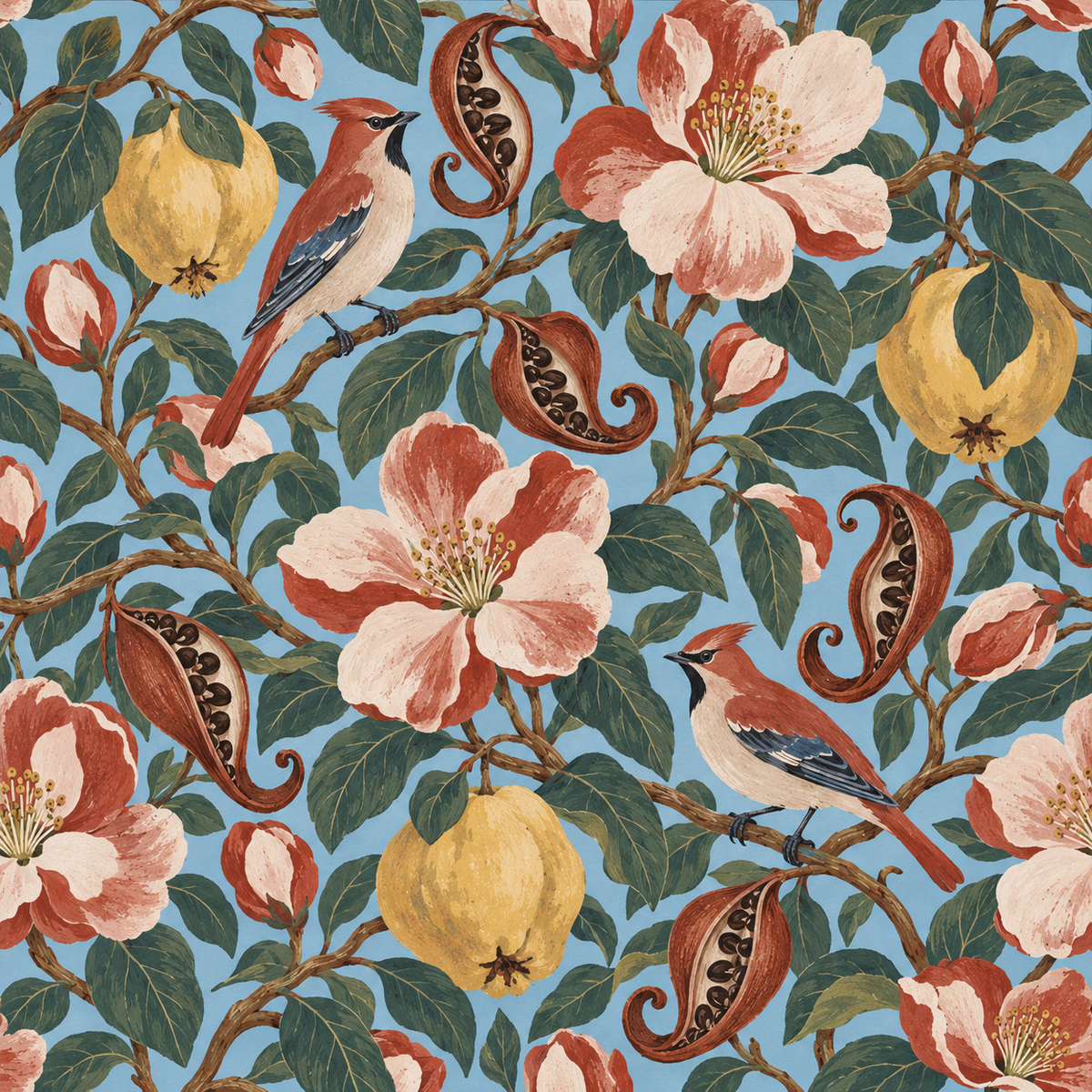 Grouped elements of flora and fauna with naturalistic shading and fine line quality on wallpaper
