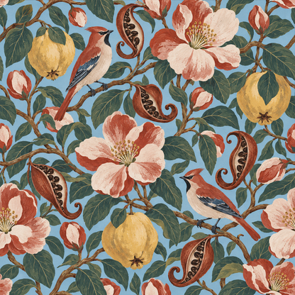Grouped elements of flora and fauna with naturalistic shading and fine line quality on wallpaper