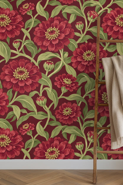 Entrance hall showing wallpaper with circular mirror framed by floral motif