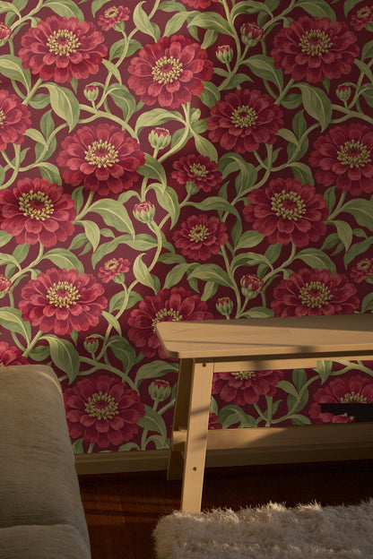 Close-up of floral bud detail with layered red petals on wallpaper
