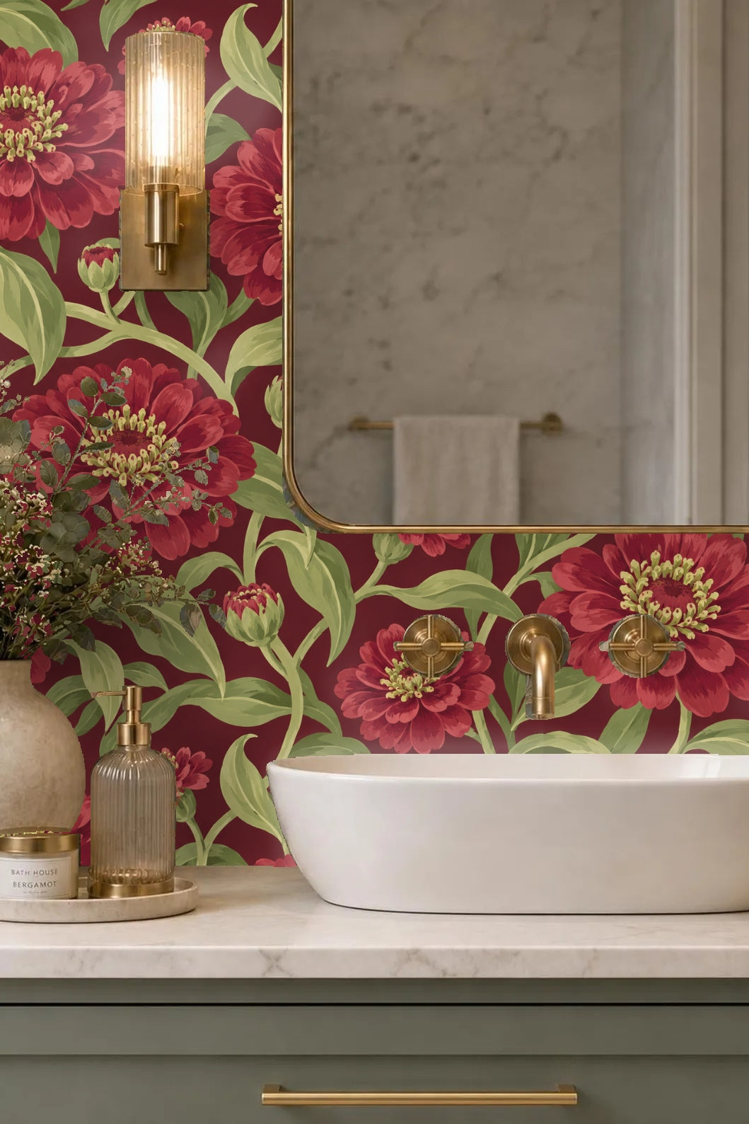 Pattern repeat showing intertwined green leaves and red zinnia buds on wallpaper