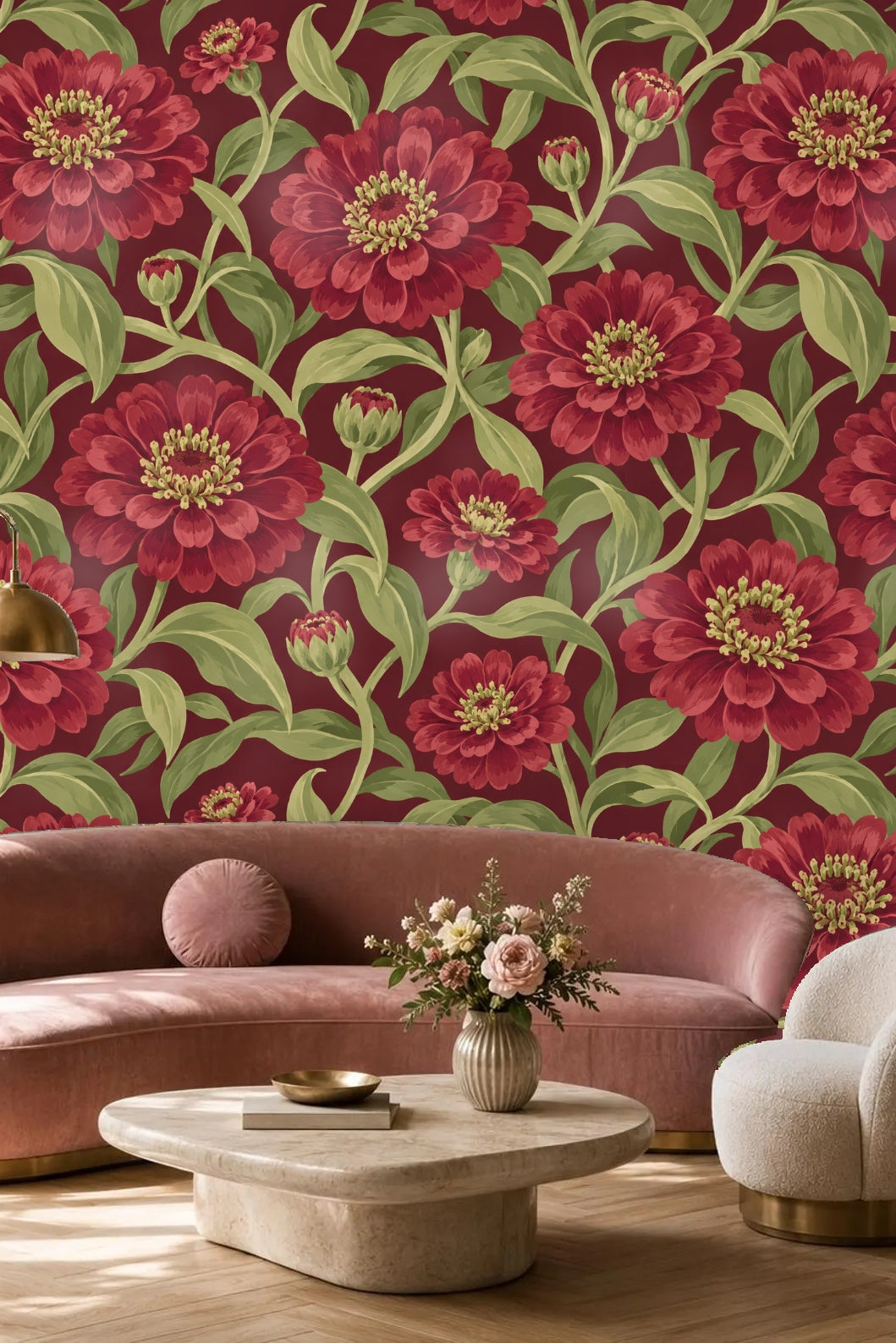 Entryway alcove with circular mirror and red zinnia flower wallpaper behind a wooden bench with beige cushion