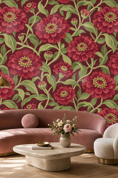 Entryway alcove with circular mirror and red zinnia flower wallpaper behind a wooden bench with beige cushion