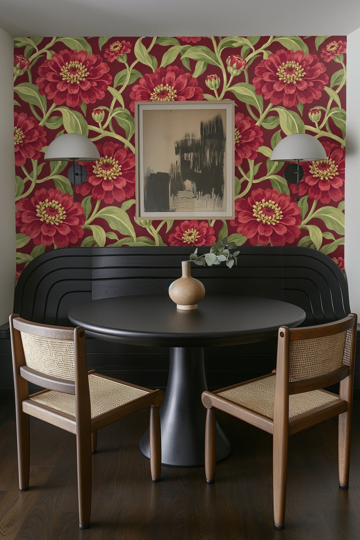 Wide shot of boho style living room with zinnia wallpaper accent wall