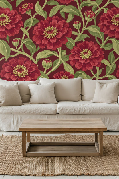 Focus on the intertwining stem and leaf pattern surrounding the zinnia blooms