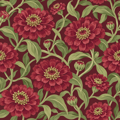 Artistic wallpaper print of red zinnia flowers and green leaves wrapping around an arch in a neutral-toned room