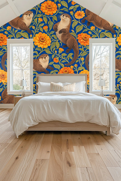Wallpaper pattern showing playful otters and bright orange zinnia flowers on deep blue background