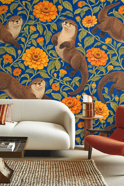 Close-up corner of room showing wallpaper with brown otters and orange-yellow flowers behind a round wooden table