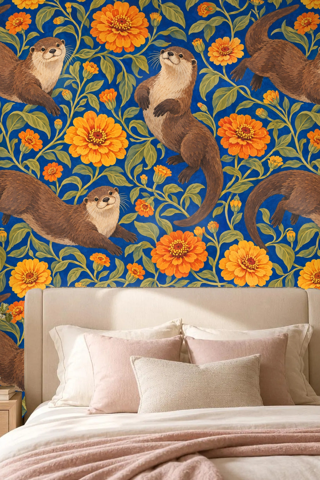 Wall mural with dynamic otters scaling vines of yellow-orange zinnias and richly hued leaves