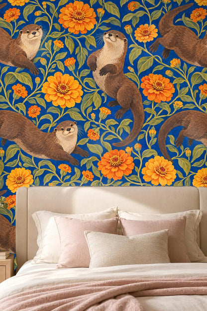 Wall mural with dynamic otters scaling vines of yellow-orange zinnias and richly hued leaves