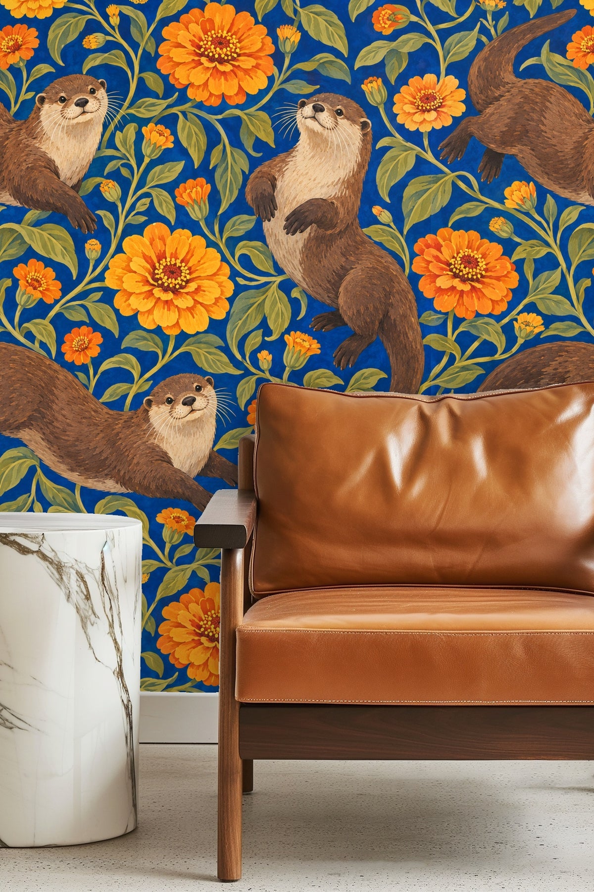 Close detail of an otter climbing a green leafy branch outlined against bold blue and orange flowers