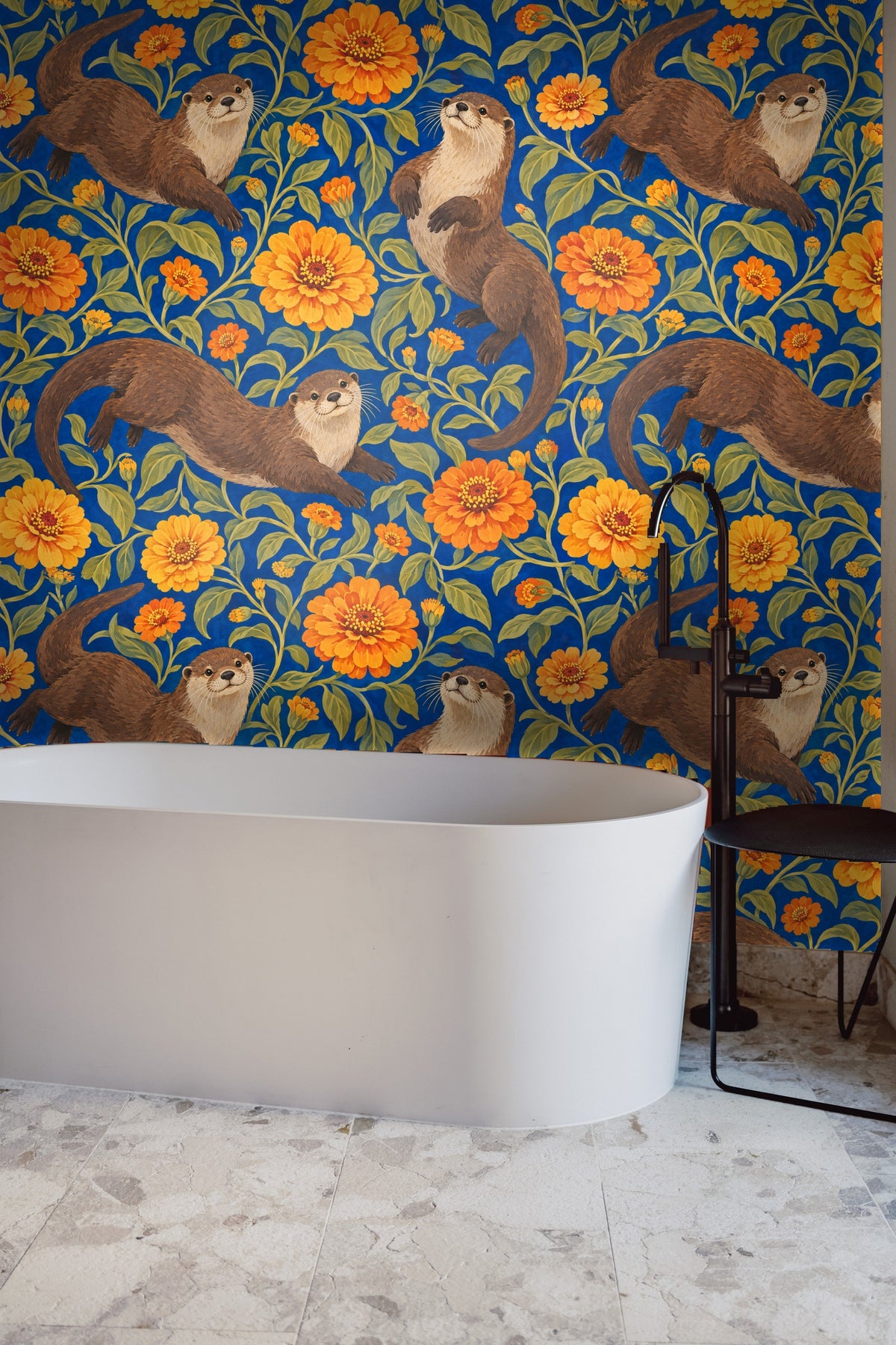 Side view of wallpaper in cozy bedroom setting highlighting otters and zinnia florals