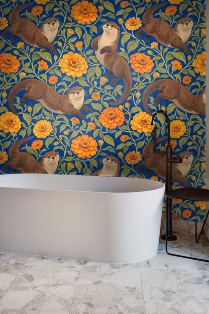 Side view of wallpaper in cozy bedroom setting highlighting otters and zinnia florals