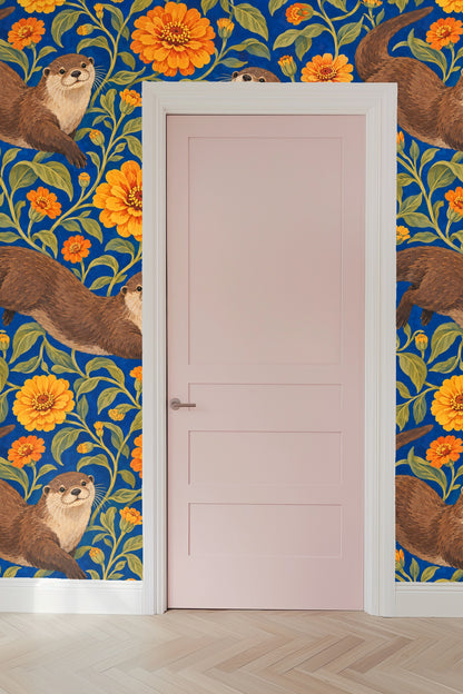 Scene showing wallpaper with detailed foliage and animals in a bright, playful style