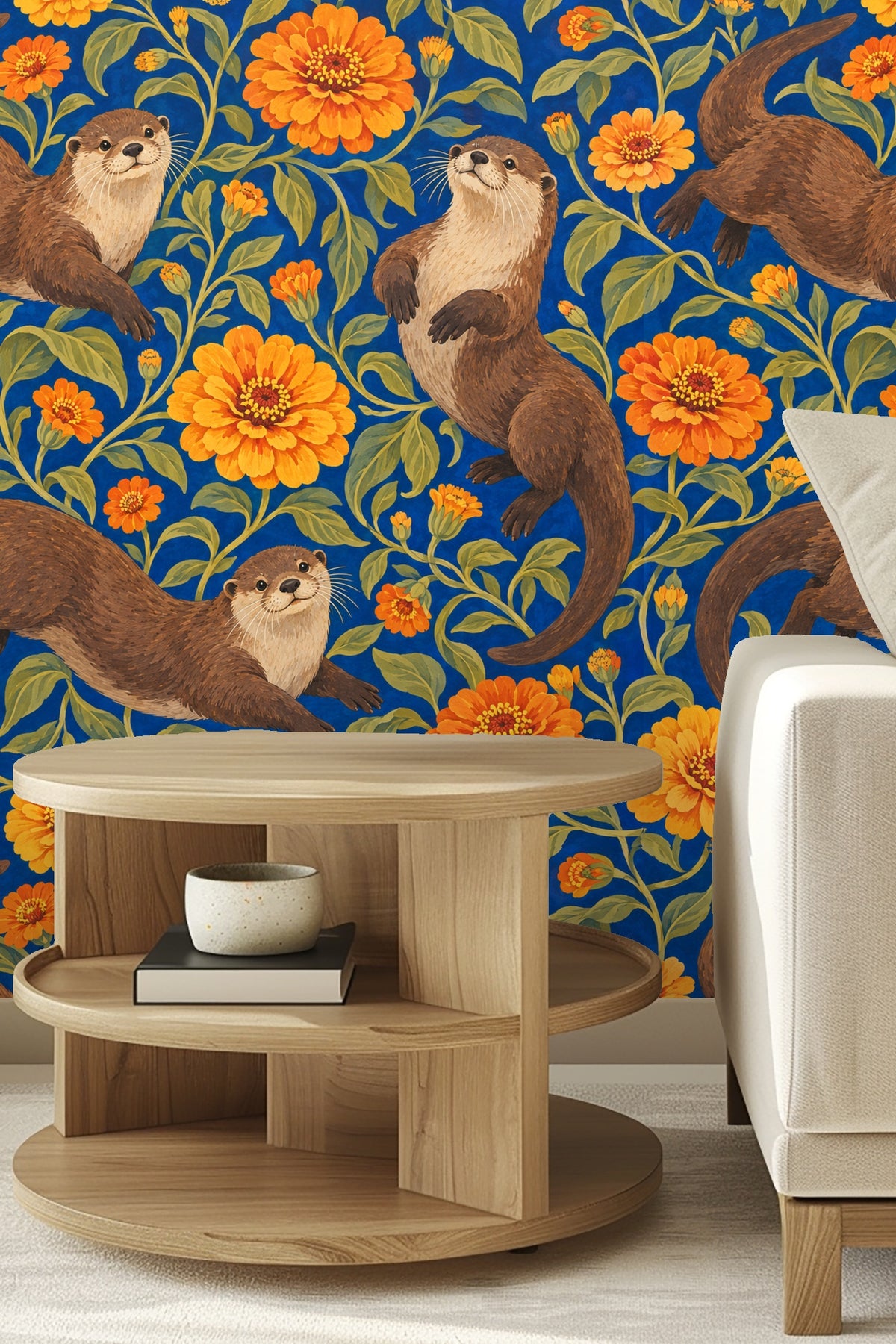 Bedroom with sloped ceiling featuring wallpaper with otters climbing among detailed zinnia flowers
