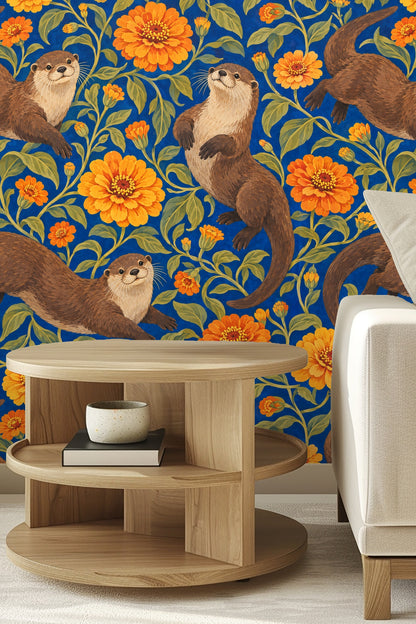 Bedroom with sloped ceiling featuring wallpaper with otters climbing among detailed zinnia flowers