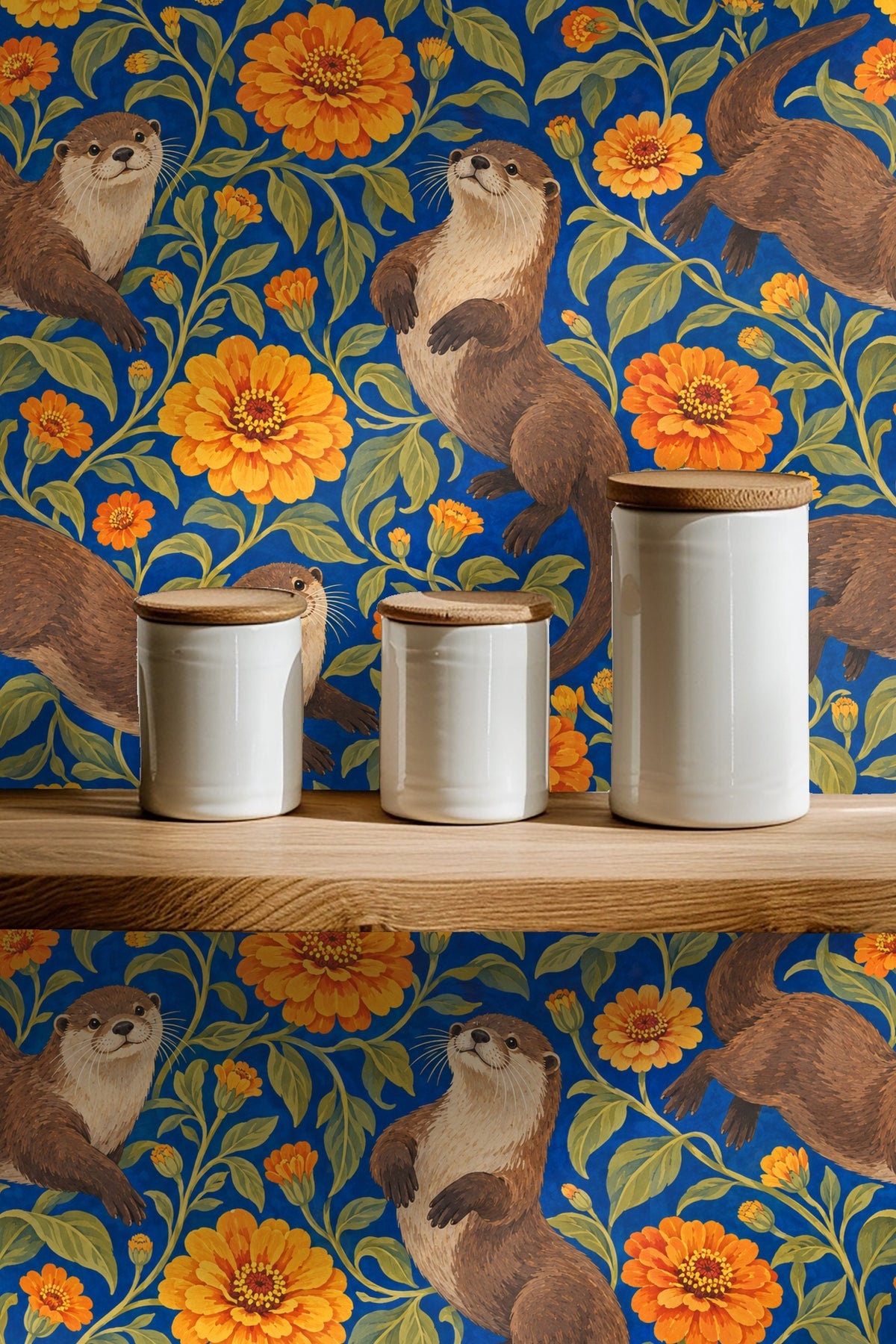 Living room corner decorated with wallpaper showing playful otters and abundant orange blooms