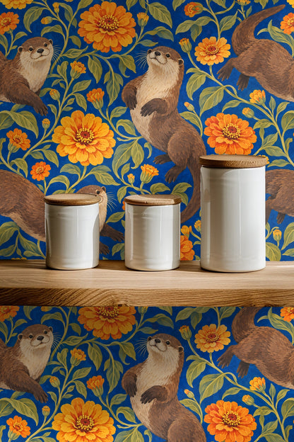 Living room corner decorated with wallpaper showing playful otters and abundant orange blooms