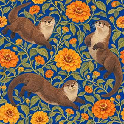 Large-scale otter wallpaper pattern with floral elements and vibrant color palette