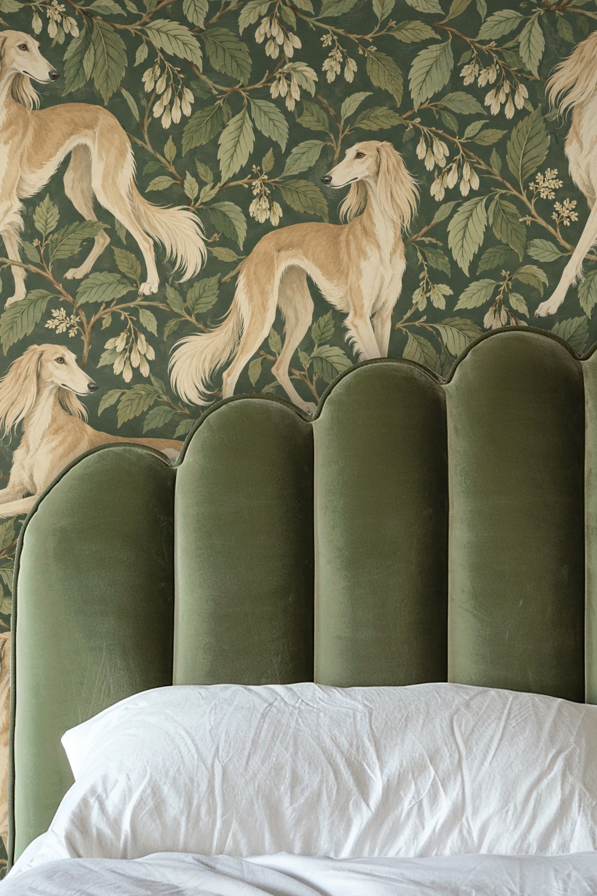 Wallpaper artwork showing elegant golden Saluki dogs among dense green leaves and clusters of cream flowers