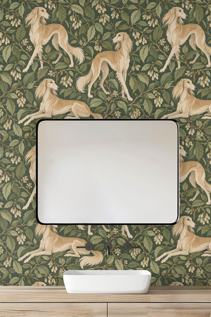 Living room scene with arched window framing part of the dog and leafy wallpaper