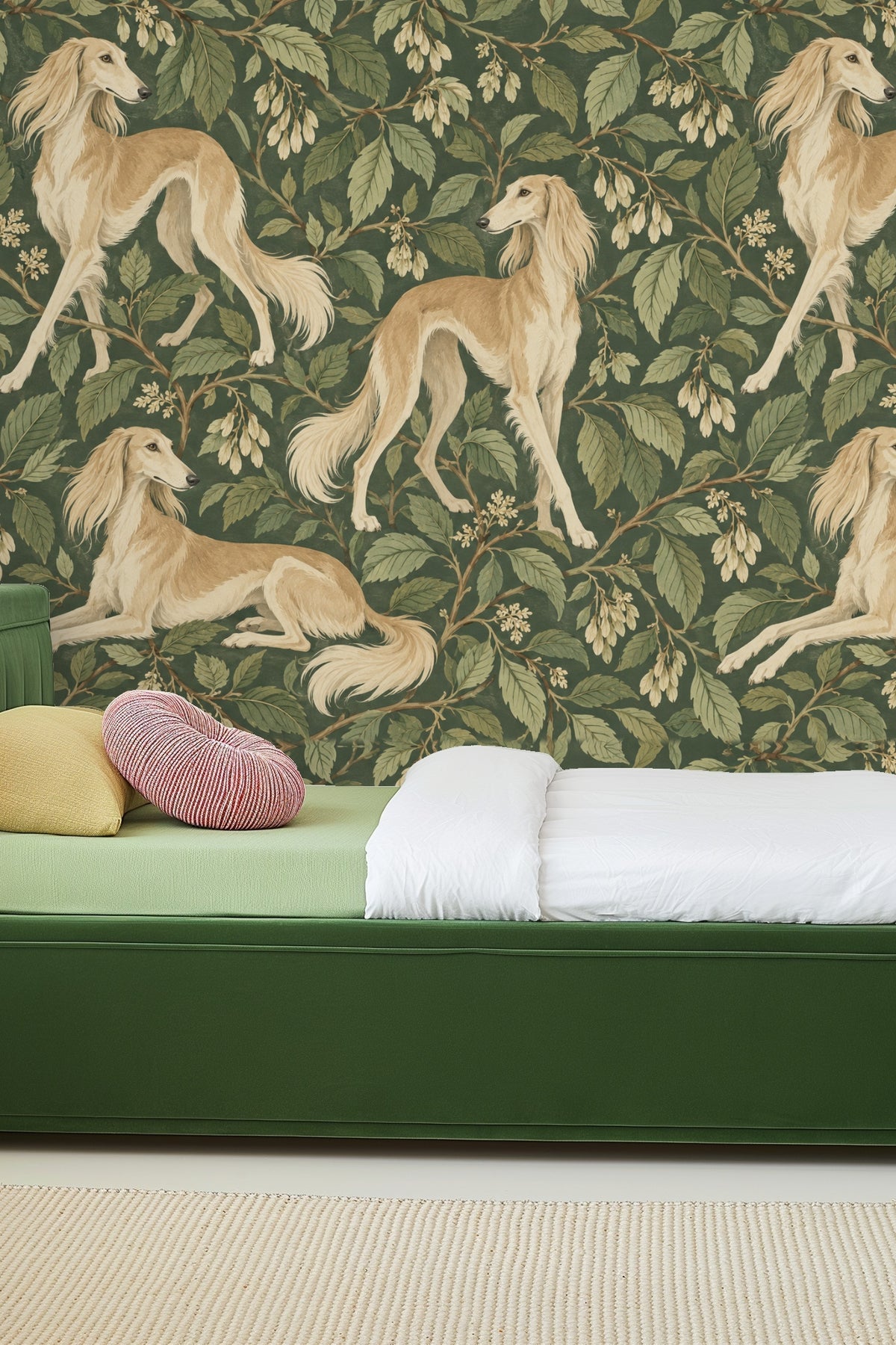 Wallpaper pattern repeating with golden dogs interwoven with botanical branches